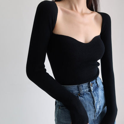 Magliette lavorate a maglia con scollo quadrato vintage francese da donna T-shirt pullover a maniche lunghe skinny da donna