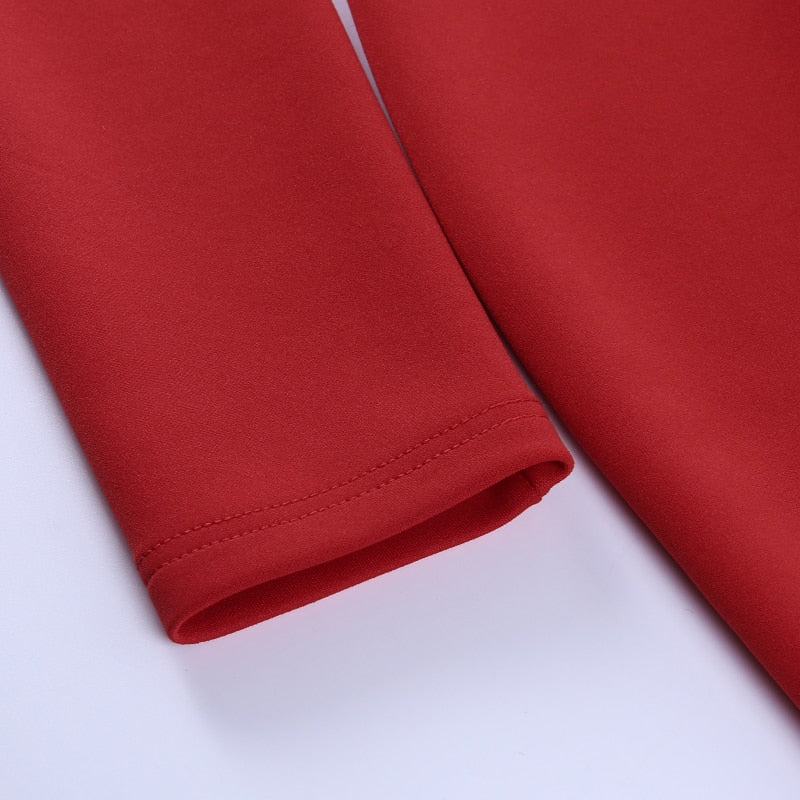 Schlankes Bleistiftkleid mit V-Ausschnitt und langen Ärmeln in der Mitte der Wade 2022 Casual Office Lady Solid Red Puff Sleeve