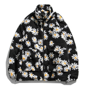 Cotton Padded Thick Parkas Jackets Daisy Print Fleece Warm Full Zip Coats