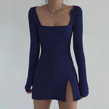 Square Neck Ribbed Black Dress Female Knitted Side Split Bodycon Dress Long Sleeve Mini Dresses