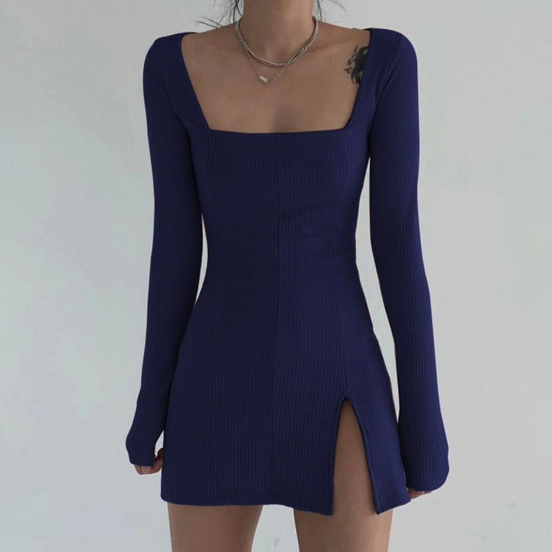 Square Neck Ribbed Black Dress Female Knitted Side Split Bodycon Dress Long Sleeve Mini Dresses