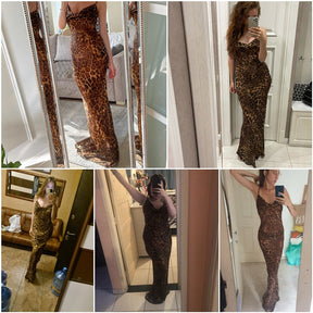 Leopard Print V-Neck Sexy Bodycon Long Dress Women Lace Up Backless Straps Beach Vestidos