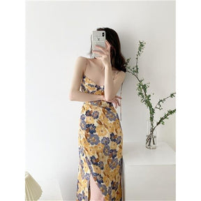 Women Floral Strap Dress Summer French Vintage Square Collar Slit Sleeveless Long Dresses