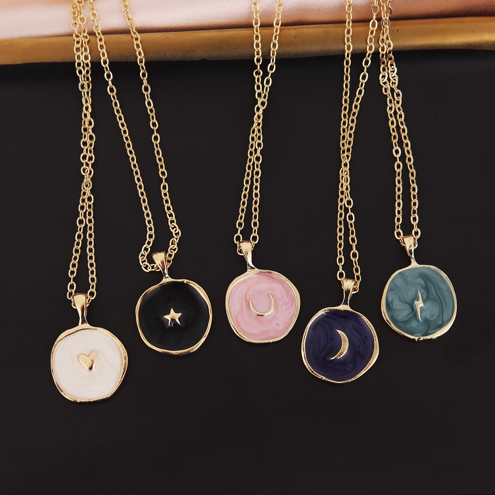 Colorful Moon Star Lightning Pendant Necklaces For Girls Enamel Fashion Jewelry