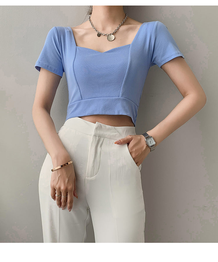 French Clavicle Square Collar Tops Women High Waist Croped Top Short Sleeve T-shirt Female