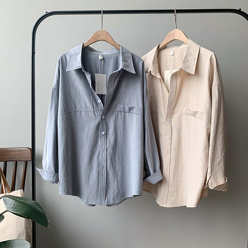 Loose Turn-down Collar Solid Female Shirts Tops Spring Summer Blouses