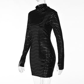 Sequins Long Sleeve Turtleneck Bodycon Slim Sexy Mini Dress Party Club Y2K