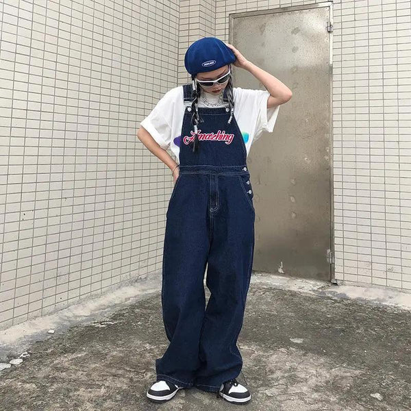 American Embroidery Denim Overalls Women Jean Jumpsuits Loose Straight Wide Leg Pants