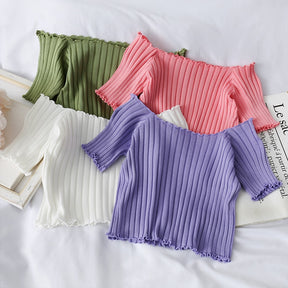 Women Off Shoulder T-shirts Knitted Ruffles Hem Crop Tops Short Sleeve T-shirts