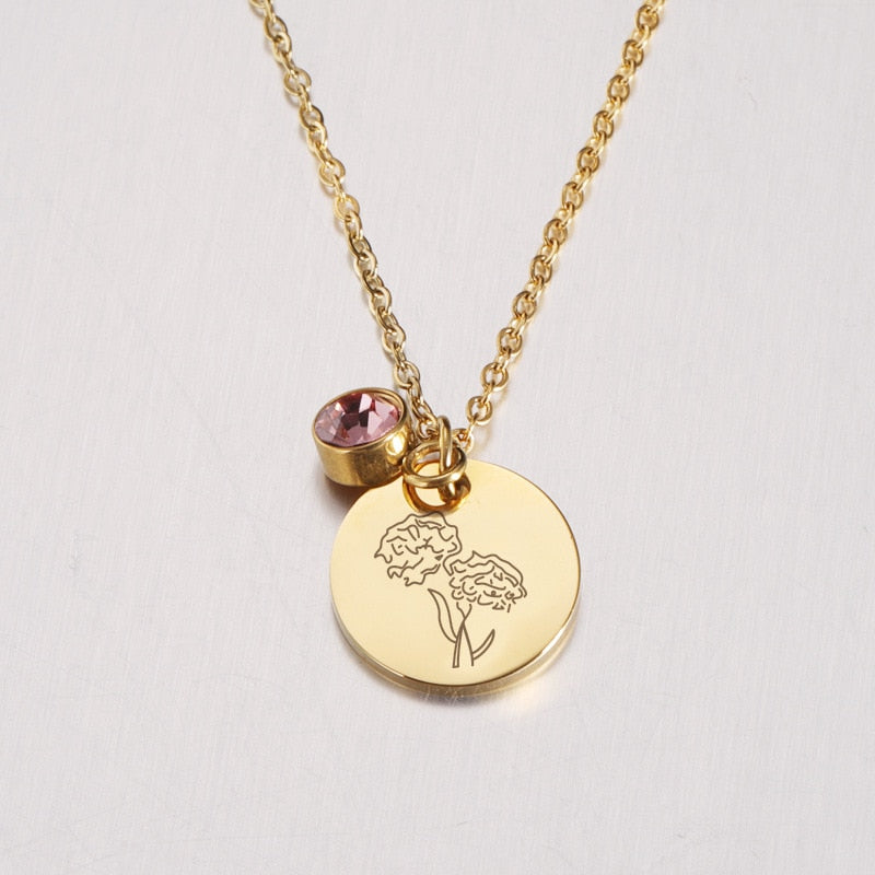 Stainless Steel Birth Flower Necklaces Birthstone Choker Necklace