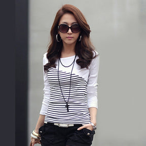 Spring-autumn new all-match Slim pullover striped stitching T-shirt long-sleeved bottoming shirt