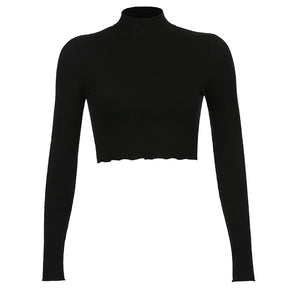 Solid Turtleneck Cropped T Shirt Women Autumn Casual Long Sleeve Ladies Skinny Basic