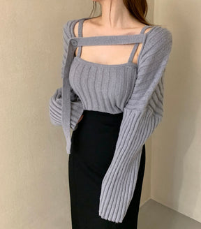 Camisole Knitted Cardigans Women Two Piece Sets 2021 Autumn Sweater Jacket Woman