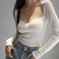 Magliette lavorate a maglia con scollo quadrato vintage francese da donna T-shirt pullover a maniche lunghe skinny da donna