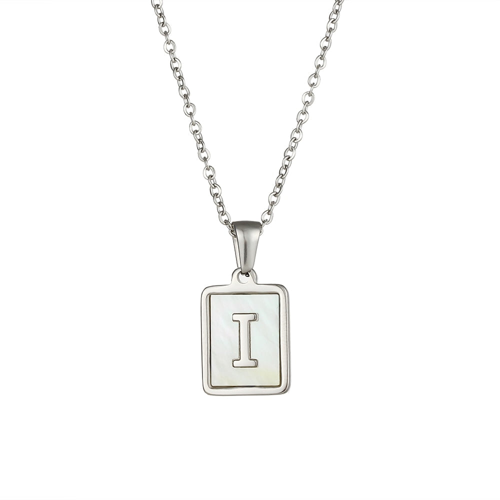 18K Golden Chain Necklaces Male Square Natural Shell Initial Letters Pendant Stainless Steel Jewelry