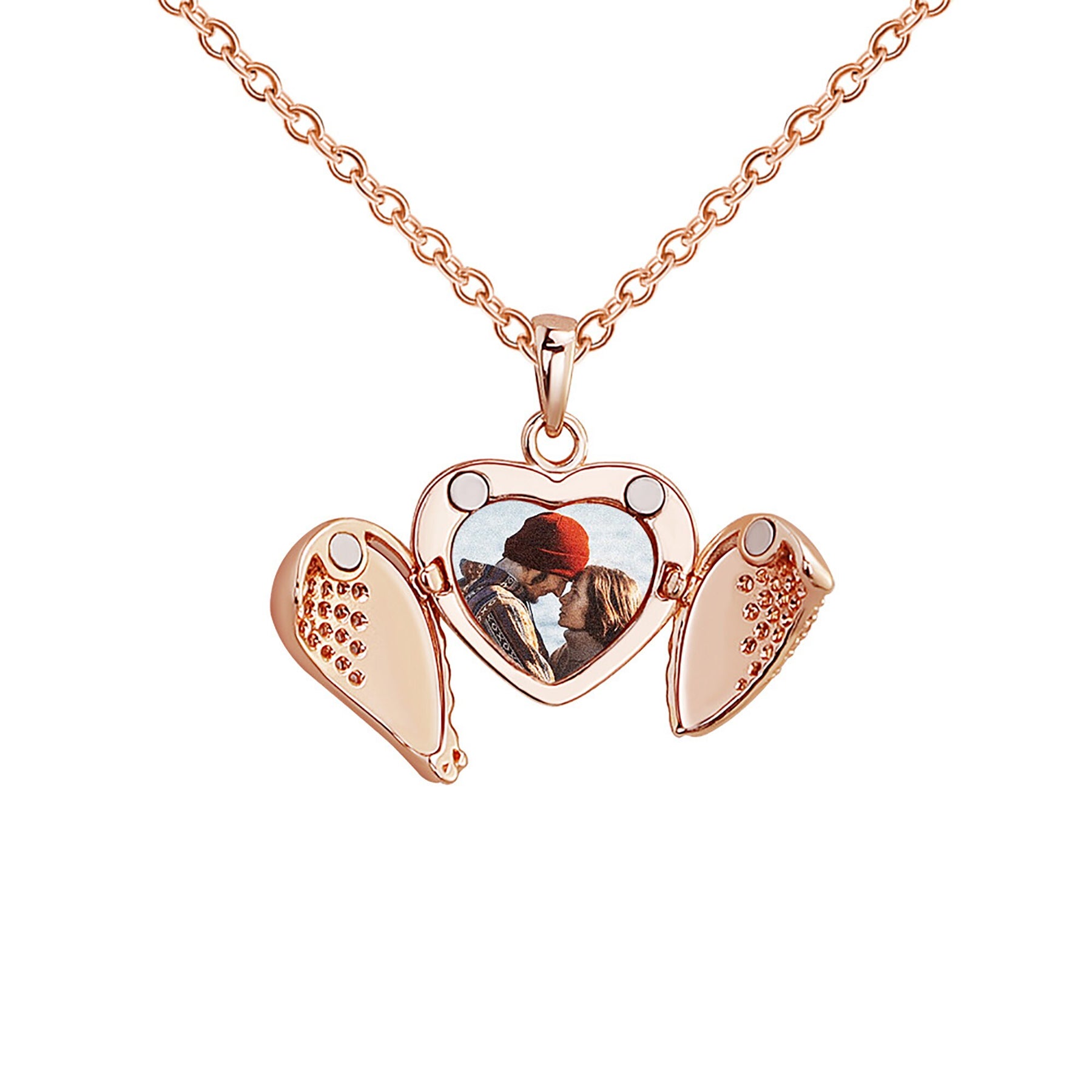 Personalize Heart Locket Necklace Plated Rose Gold Silver Color Angel Wing Shape Custom Photo Pendant