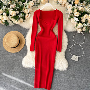 Strapless Ribbed Knitted Bodycon Dress Women Winter Long Sleeve Midi Sweater Dress