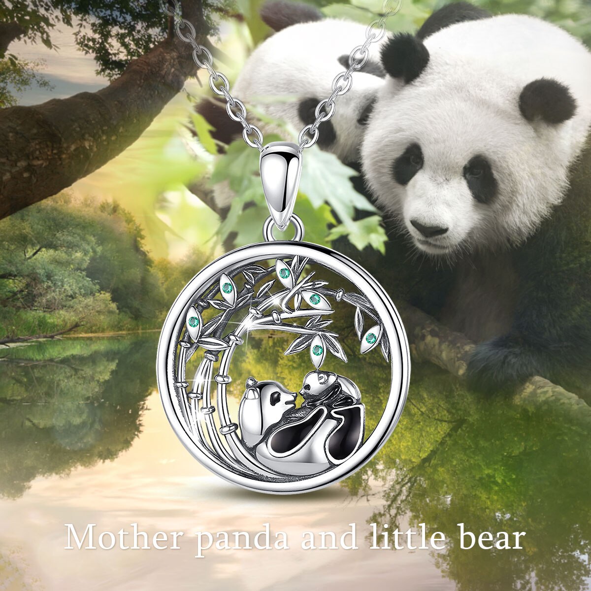 panda mother and cub pendant necklace bamboo long chain ladies jewelry