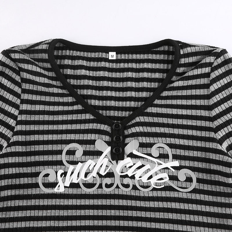 Goth Print Tops Stripe Cute T-Shirts Dark Academia Techwear Button Up V Neck Half Sleeve Sweat Shirts