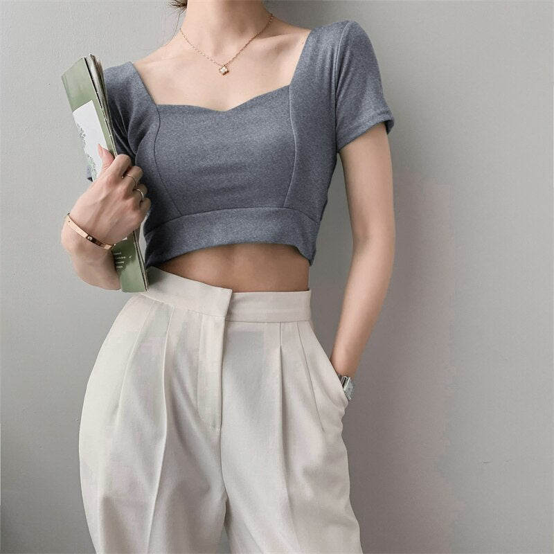 French Clavicle Square Collar Tops Women High Waist Croped Top Short Sleeve T-shirt Female