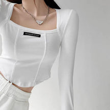 Cropped Top Damenmode Skinny Sexy Langarm T-Shirts Weibliche Casual Square Neck Tees