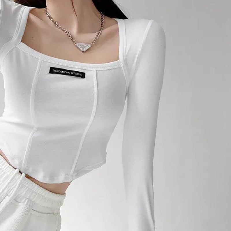 Cropped Top Women Fashion Skinny Sexy Long Sleeve T Shirts Female Casual Square Neck Tees