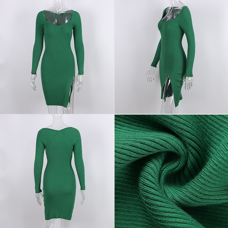 2022 Gestrickte Grün Midi Sexy Bodycon Frauen Kleid Frühling Langarm Schulterfrei Split Pullover Kleider