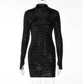 Sequins Long Sleeve Turtleneck Bodycon Slim Sexy Mini Dress Party Club Y2K