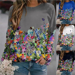 Women's Flower Print Top Loose Long-sleeved Round Neck Sweater All-match T-shirt