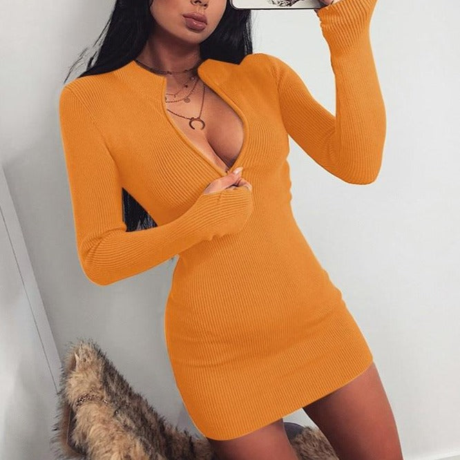 Bodycon Ribbed Dress Stand Collar Zipper Deep V-neck Solid Stretch Mini Vestido