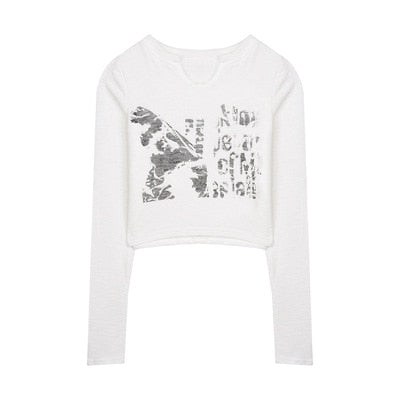 Knitted Crop Top Vintage Aesthetic Letter Printed Long Sleeve T-Shirts Sexy Slim Fit Tee Tops