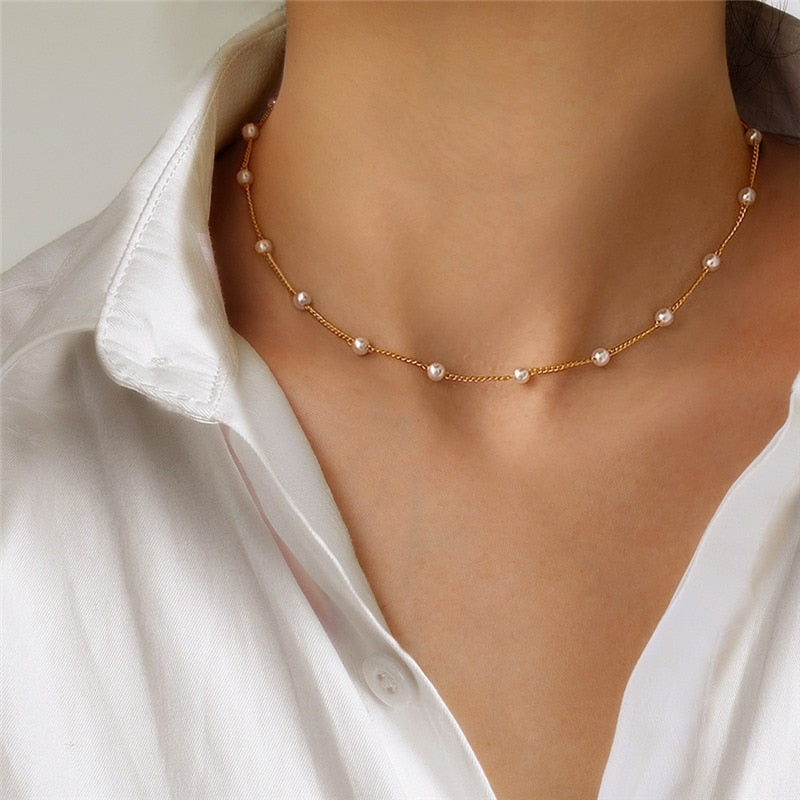 Perlen Damen Halskette Kpop Pearl Choker Halskette Goldfarbe Schmuck am Hals Anhänger