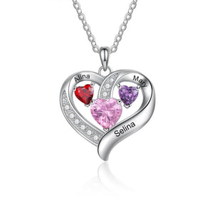 Name Engraved Heart Necklaces for Customized 3 Birthstone Necklace