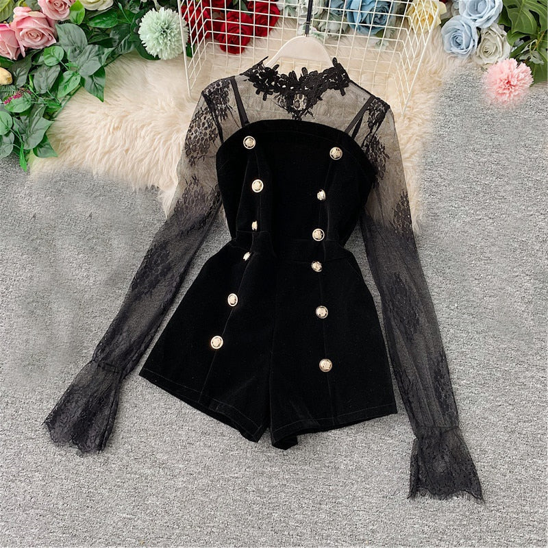 Long Sleeve Lace Embroidery Shirt Women Double Breasted Playsuits Slim Velvet Jumpsuits