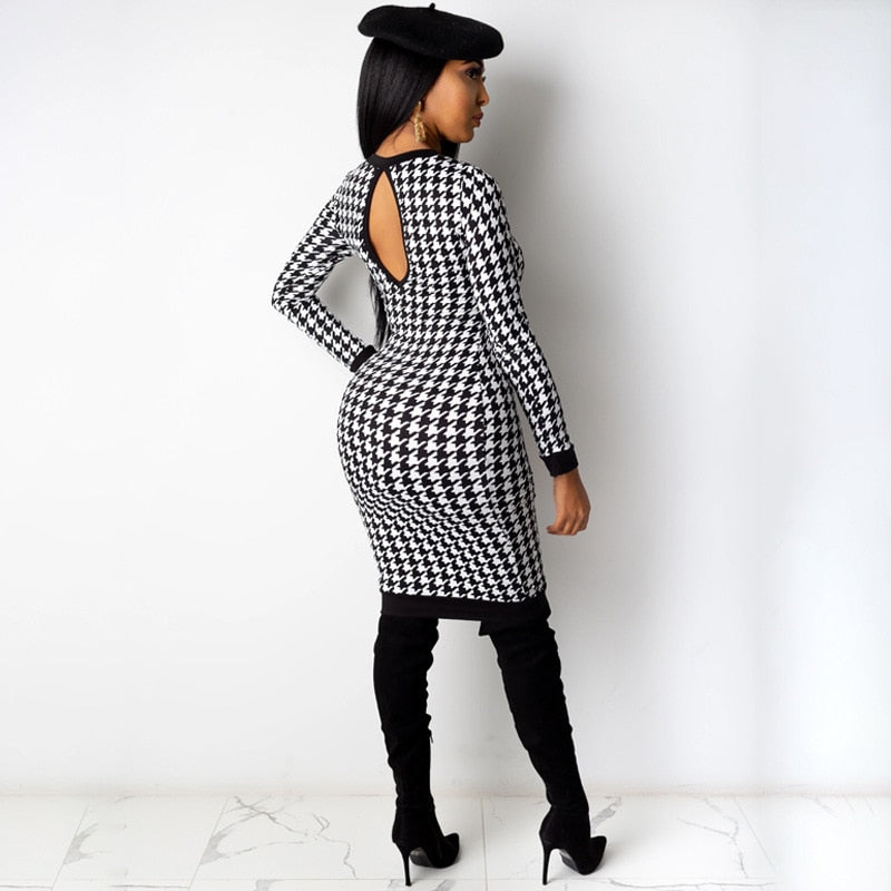 Houndstooth Print Women Long Sleeve Midi Dress Hollow Out Bodycon Streetwear