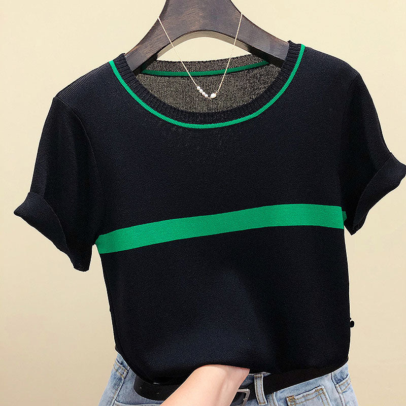 Thin Knitted T Shirt Women Short Sleeve Summer Tops Woman Clothes Striped Fashion T-Shirt