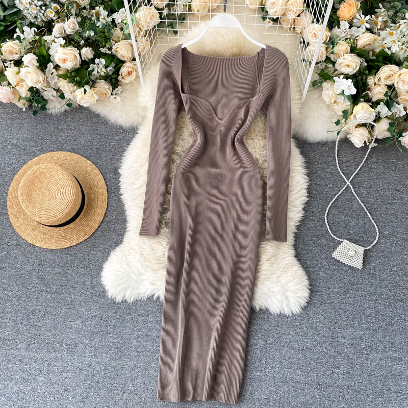 Strapless Ribbed Knitted Bodycon Dress Women Winter Long Sleeve Midi Sweater Dress