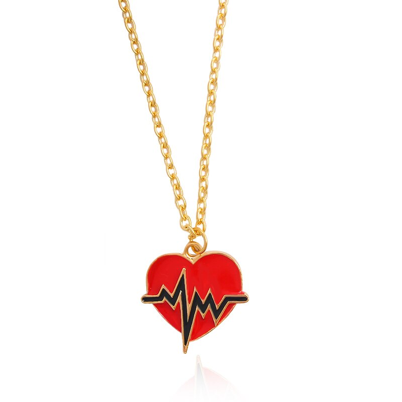 Red Heart Necklace Black/White Color Heartbeat Wave Heart Pendant Necklace