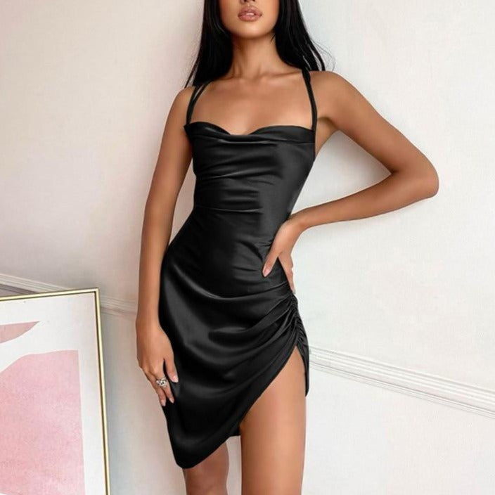 Satin-Frauen-Träger-Minikleid mit Rüschen, Schnürung, Kreuzbandage, rückenfrei, figurbetont, sexy Party, elegant