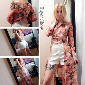 Women Casual Two Piece Set Long Sleeve V Neck Asymmetrical Chiffon Shirt