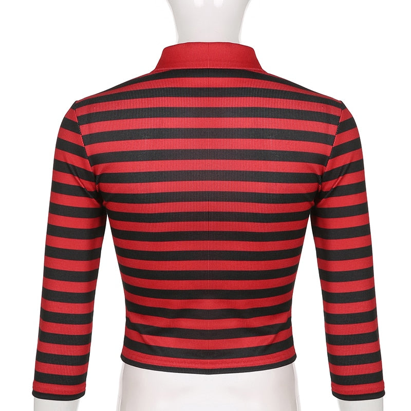 Goth Print Tops Stripe Cute T-Shirts Dark Academia Techwear Button Up V Neck Half Sleeve Sweat Shirts