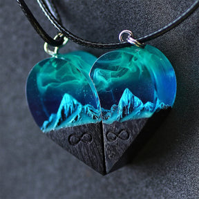 Epoxy Resin Necklace Wooden Pendant Mountains Heart Pendants Paired