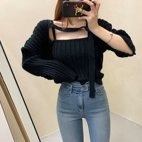 Camisole Knitted Cardigans Women Two Piece Sets 2021 Autumn Sweater Jacket Woman