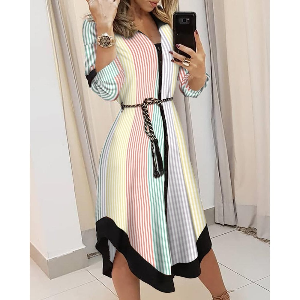 Spring Summer Lady Cover Up Women's Shirt Dress Wave Print Long Sleeve V-Neck Casual Dress Plus Size