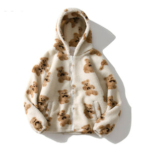 Hip Hop Men Women Fashion Bear Print Full Zip Hooded Coat Tops Outwear