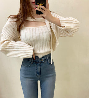 Camisole Knitted Cardigans Women Two Piece Sets 2021 Autumn Sweater Jacket Woman