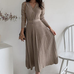 V-neck Single-breasted Women Thicken Sweater Dress Knitted Belted Female A-line soft dresses