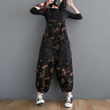 Loose Jeans Black Jumpsuit Casual Ladies Big Pockets Print Floral Denim Overalls Straps Rompers