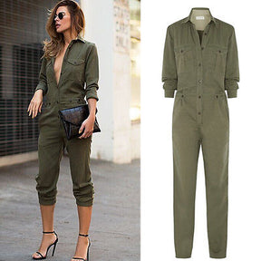 Pantaloni lunghi pagliaccetto vintage donna tuta aderente aderente manica lunga verde militare tinta unita