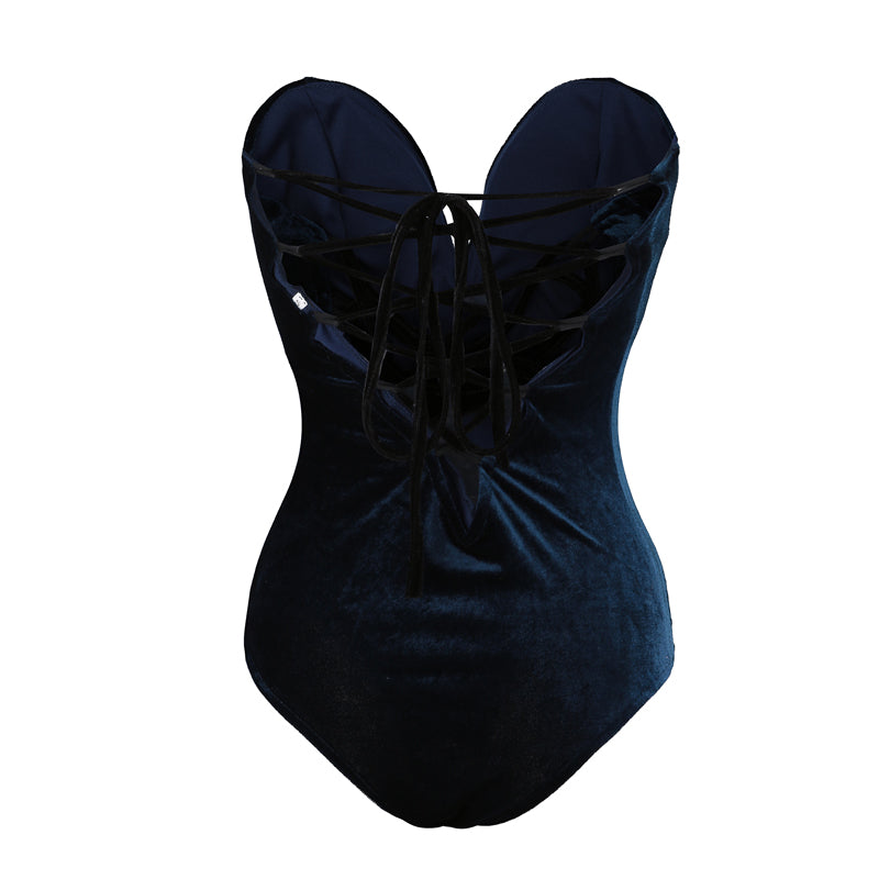 Strapless Velvet Sexy Bodysuit Women Sweetheart Bodycon Backless Lace Up Body V Neck Bodysuits